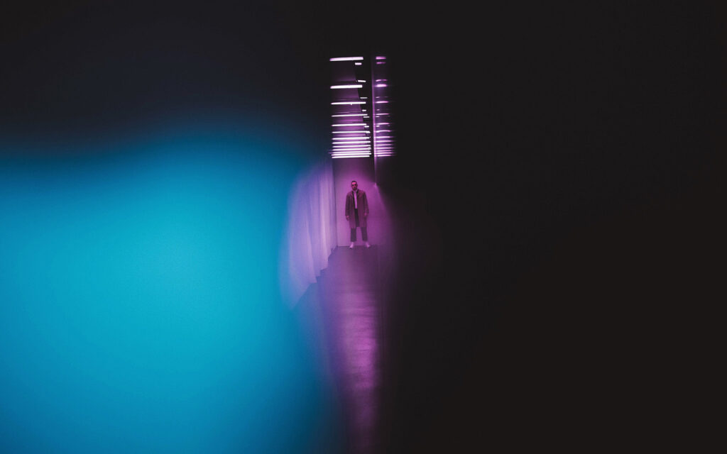 No Fear (2019) - production design for fashion short, psychedelic hero shot of main character in neon-modernist interior