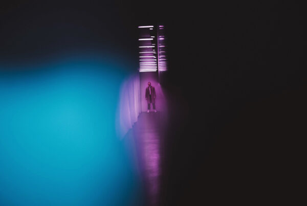 No Fear (2019) - production design for fashion short, psychedelic hero shot of main character in neon-modernist interior