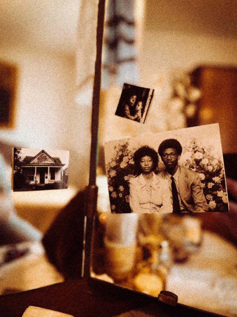 Sweet Will (2026) production design Sweet Will (2026) – Production Design for short film, vintage photos on mirror, sepia tones, nostalgic memory collage, intimate retro mood